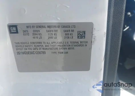 2012 Chevrolet Impala Lt z USA, uszkodzony, nr VIN 2G1WG5E3XC1236789